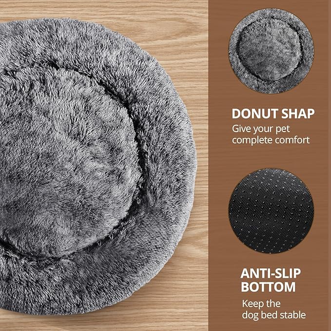 JOLLYVOGUE Calming Dog Bed for Small Dogs - 23 inches Donut Washable Small Dog Bed for Kittens & Puppies, Anti-Slip Round Fluffy Plush Faux Fur Cat Beds (Fits up to 25 lbs Pets, Smoke Black)