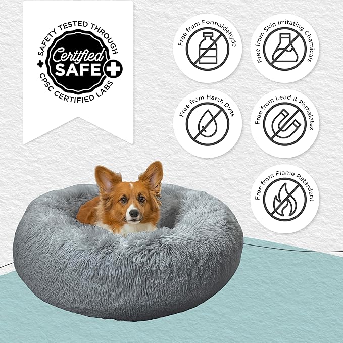 Best Friends by Sheri The Original Calming Donut Dog Bed – Washable Plush Pet Bed for Medium Breeds up to 45 lbs, Shag Faux Fur, Gray, Medium (30" x 30")
