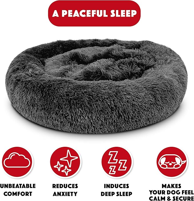 The Dog's Bed Sound Sleep Donut Dog Bed, Grey Fur Large Removable Cover Calming Nest Bed, Veterinary Approved