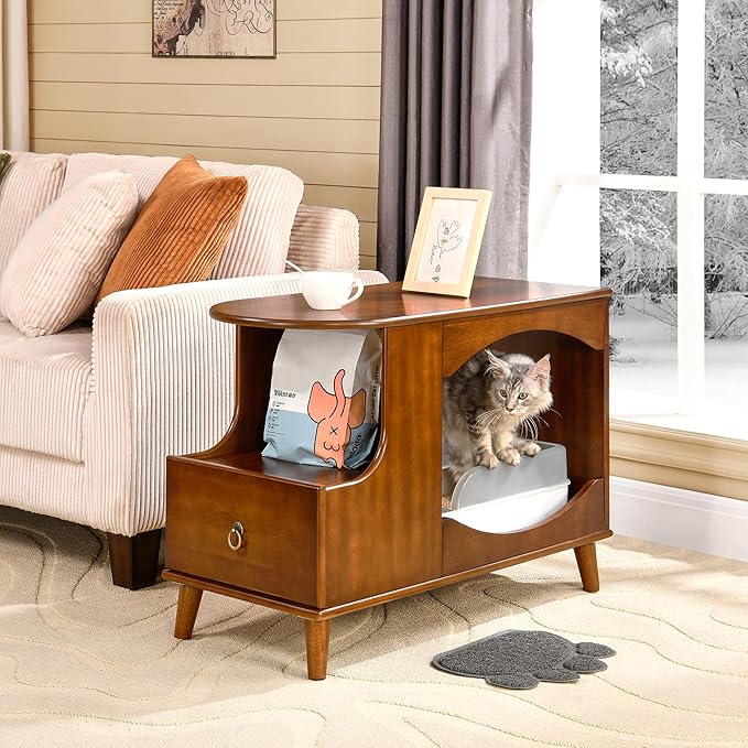 2-Set Pet Litter Box Enclosure, Hidden Litter Box Furniture with Storage Shelf, Indoor Cat House with 1 Drawer, Wooden Cat Washroom Modern Console, Pet Storage Cabinet