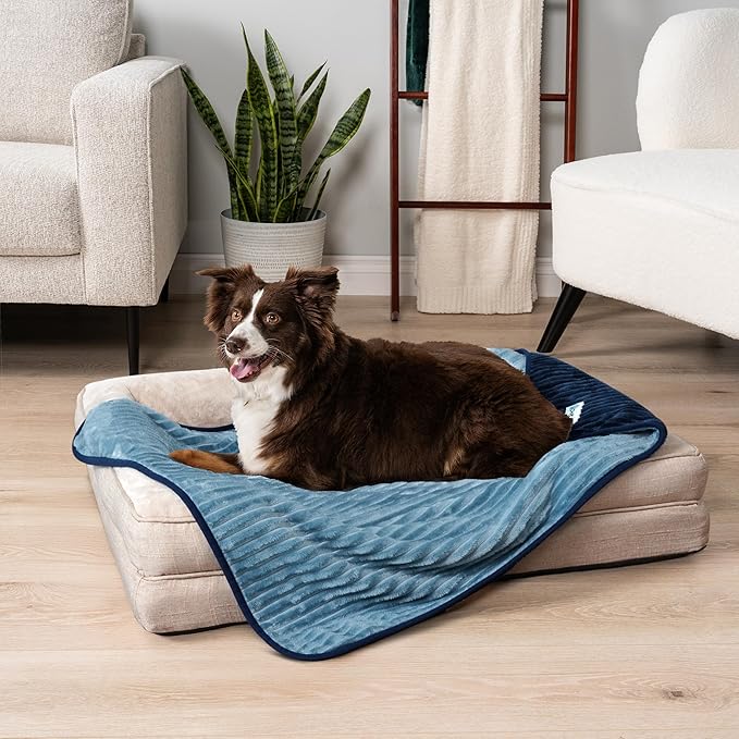 PetAmi Waterproof Dog Blanket, Leakproof Pet Blanket for Small Medium Large Dogs, Reversible Furniture Bed Sofa Couch Cover Protector, Plush Striped Pet Throw for Indoor Cat, 29x40 in, Navy Blue