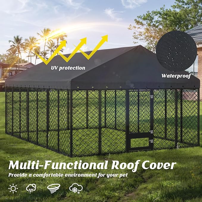 10x14FT Heavy Duty Outdoor Dog Kennel with Roof – Large Dog Enclosure & Weatherproof Dog House, Secure Metal Fence Playpen with Double Lock & Feeding Swivel Door for Big Dogs