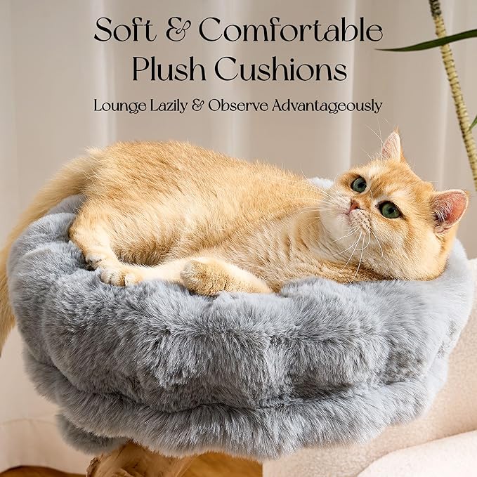 Solid Wood Cat Tree, Modern Cat Tree Tower for Large Indoor Cats, Natural Real Pear Wooden Aesthetic Cat Condo with Scratching Post for Adult Kittens-Grey