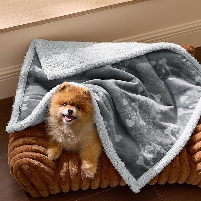 Bedsure Waterproof Dog Blankets for Small Dogs - Soft Print Sherpa Fleece Puppy Cat Blanket Washable, Cozy Plush Reversible Throw Furniture Protector for Pet Kitten Doggy, 25"X35", Smokey Grey