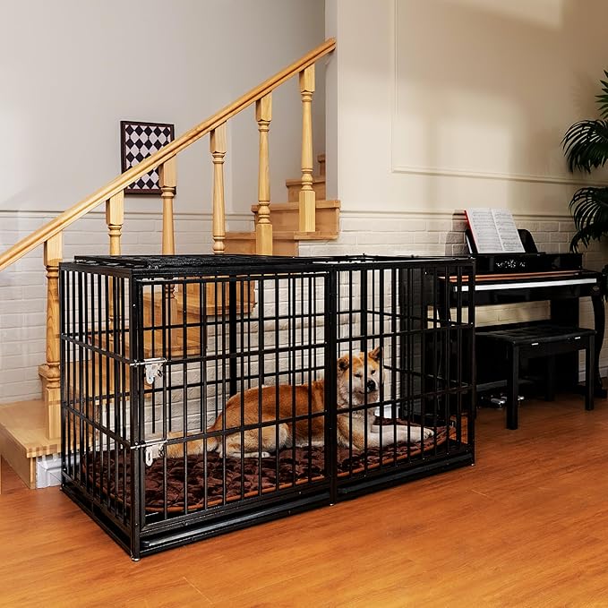 60 Inch Heavy Duty Dog Crate Cage with Cushion, Indestructible Escape Proof Large Metal Dog Kennel Furniture for Small Medium Large Dogs, Indoor High Anxiety Pets Crate with 2 Door and Removable Tray