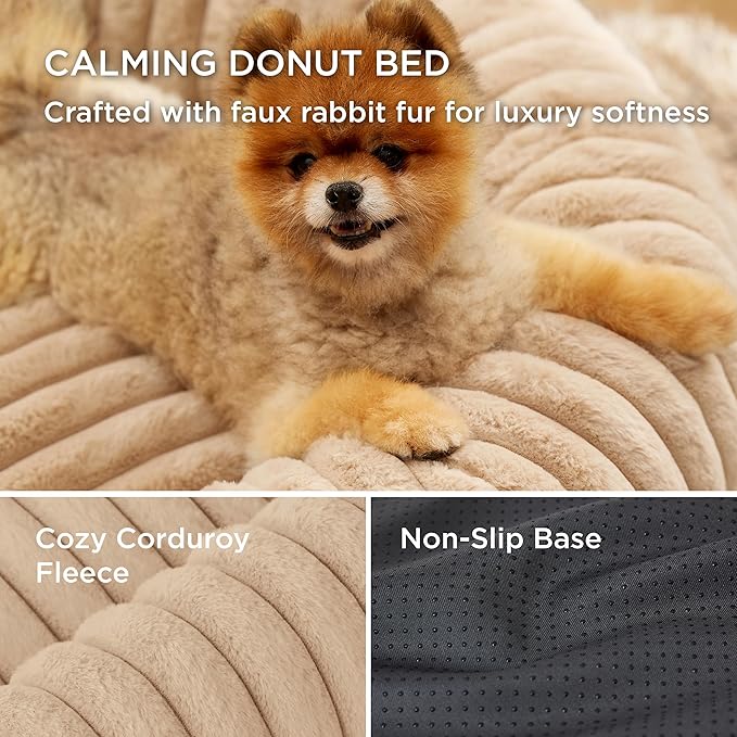 Bedsure Donut Small Dog Bed - Dog Beds for Small Dogs with Corduroy Fleece & Anti Slip Bottom, Round Faux Fur Pet Beds with Washable Removable Cover, Sandy Beige, 23x23x7 inches