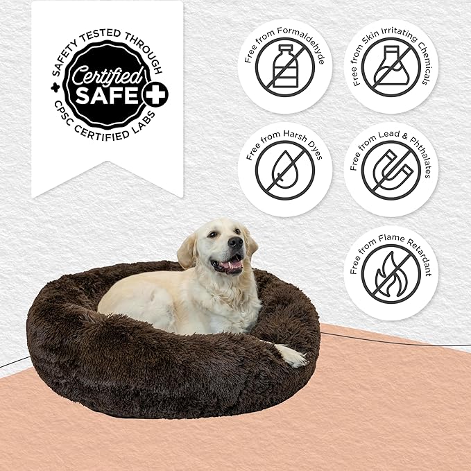 Best Friends by Sheri The Original Calming Donut Dog Bed – Washable Plush Pet Bed for Large Breeds up to 100 lbs, Shag Faux Fur, Dark Chocolate, Large (36" x 36")