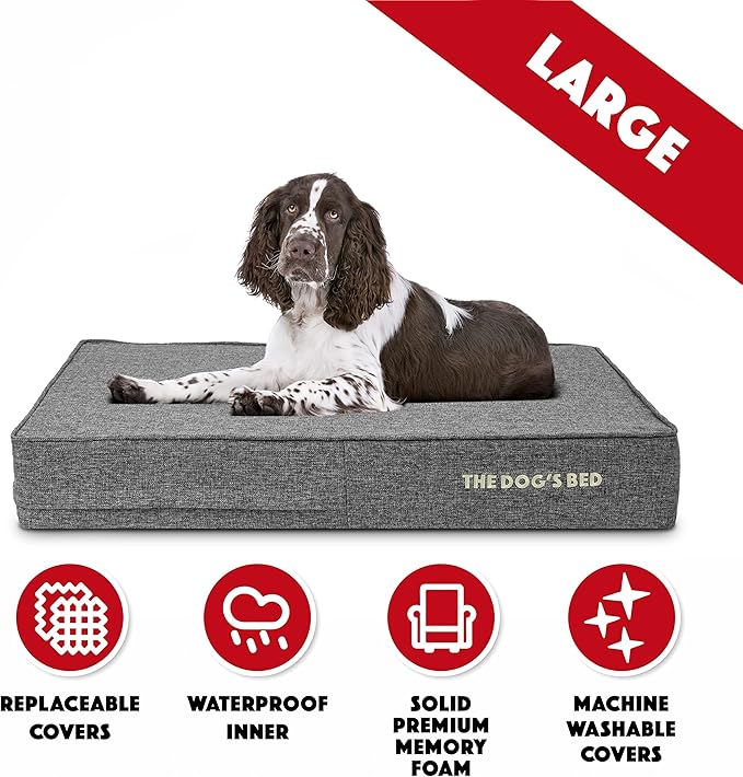 The Dog’s Bed Orthopedic Memory Foam Dog Bed, Large Grey Linen, Pain Relief for Arthritis, Hip & Elbow Dysplasia, Post Surgery, Lameness, Supportive, Waterproof Washable Cover, Veterinary Approved