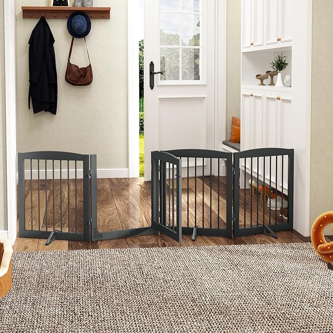 Freestanding Dog Gate with Door, Pet Gate for Stairs, 80 inch Wide Pet Barrier Indoor, Dog Fences Indoor, Support Feet Included, 4 Panels, 24" Tall, Grey