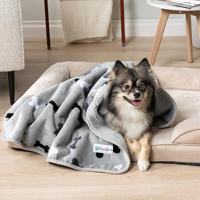 PetAmi Waterproof Dog Blanket for Small Medium Dogs, Pee Proof Pet Blanket for Couch Bed, Reversible Water Proof Blanket for Puppy Indoor Cat, Soft Dog Fleece Blankets Washable, 29x40 Bone Gray