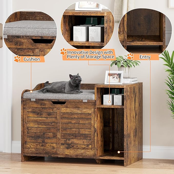 Cat Litter Box Enclosure Furniture with Top Opening and Cushion, Hidden Litter Box Cabinet with Storage, Privacy Cat Box Enclosure, Brown