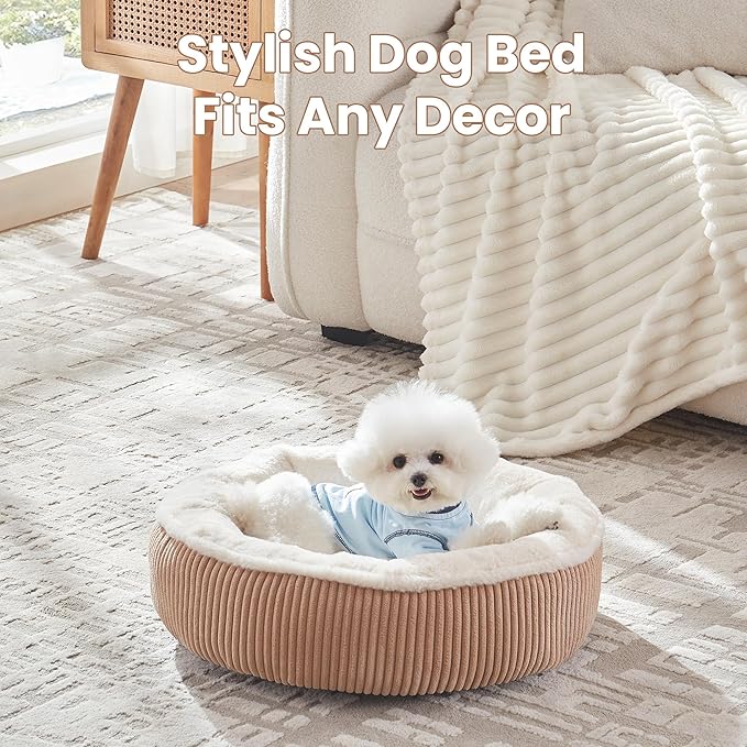 23 inches Donut Dog Bed for Small Dogs - Calming Round Puppy Bed with Removable &Washable Cover, Plush Faux Fur & Corduroy Pet Bed for Cats, Fits Pets up to 15 lbs(Brown,Small)