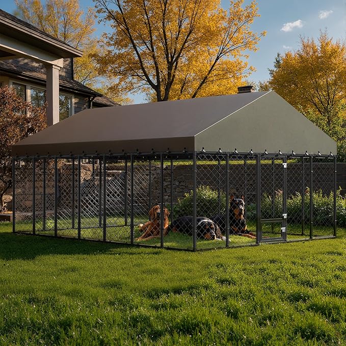 10x14FT Heavy Duty Outdoor Dog Kennel with Roof – Large Dog Enclosure & Weatherproof Dog House, Secure Metal Fence Playpen with Double Lock & Feeding Swivel Door for Big Dogs