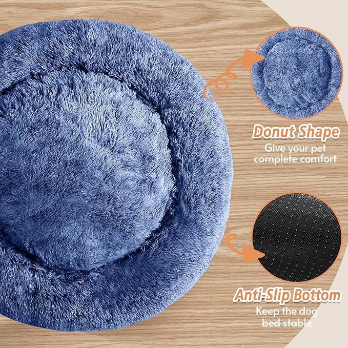 JOLLYVOGUE Calming Dog Bed for Small Dogs - 23 inches Donut Washable Small Dog Bed for Kittens & Puppies, Anti-Slip Round Fluffy Plush Faux Fur Cat Beds (Fits up to 25 lbs Pets, Navy Blue)