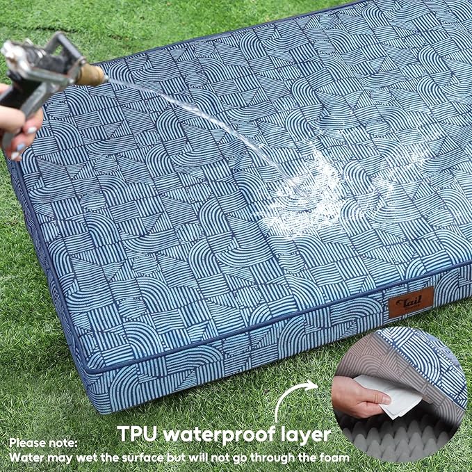 Outdoor Large Washable Dog Bed, Orthopedic Egg Crate Foam Dog Crate Mat for Large Dogs with Removable Oxford Cooling Cover, White Blue