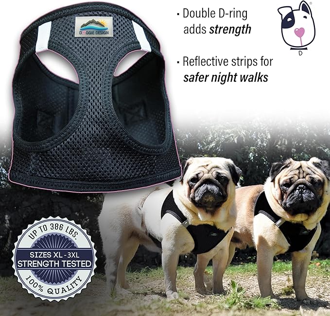 Doggie Design Dog Harness - No Choke Dog Harness, Dog Vest, Mesh Polyester, Pet Harness, Simple Step in and Go Design, Harness for Dog - Black, L