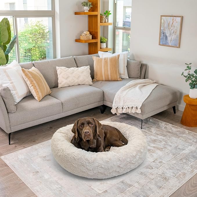 Best Friends by Sheri The Original Calming Donut Dog Bed – Washable Plush Pet Bed for Large Breeds up to 100 lbs, Lux Faux Fur, Oyster, Large (36" x 36")