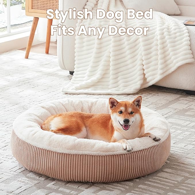 33 inches Donut Dog Bed for Medium Large Dogs,Calming Round Pet Bed with Removable & Washable Cover,Plush Faux Fur & Corduroy, Fits up to 50 lbs Pets(Brown,M Plus)
