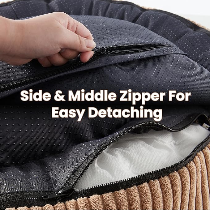 30 inches Donut Dog Bed for Medium Dogs,Calming Round Pet Bed with Removable & Washable Cover,Plush Faux Fur & Corduroy, Fits up to 30 lbs Pets(Brown,Medium)