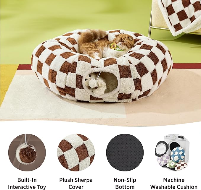 Lesure Cat Tunnel Bed for Indoor Cats - Cute Cat Donut Tunnel Toys for Small Large Cats with Washable Circle Cushion, Round Pet Peekaboo Cave Toy for Kitten/Puppy/Rabbit, Standard Brown Checks