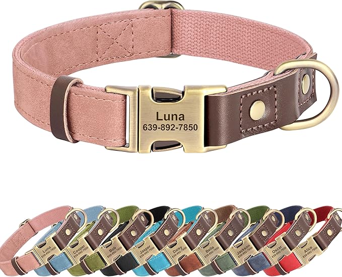 Personalized Dog Collars, Custom Soft PU Leather Dog Collar with Pet Name and Phone Number for Large Dogs, Adjustable and Durable Pet Collars with Quick Release Metal Buckle,L(15-23")