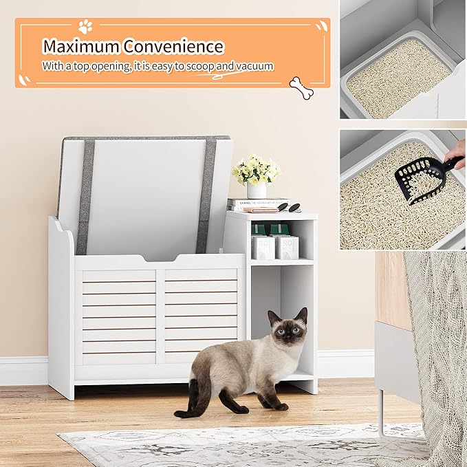 Cat Litter Box Enclosure Furniture with Top Opening and Cushion, Hidden Litter Box Cabinet with Storage, Privacy Cat Box Enclosure, White