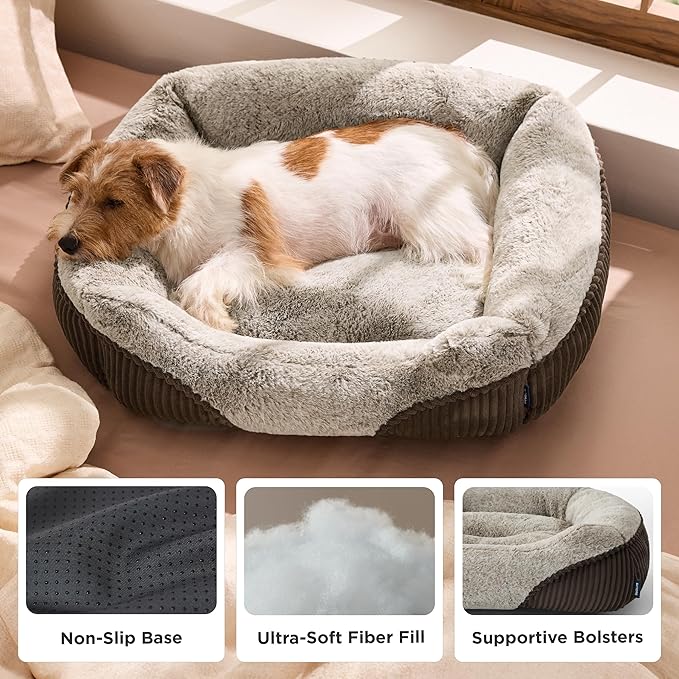 Bedsure Washable Dog Bed Small Dog＆Cat- Rectangle Fluffy Plush Kitten Puppy Bed, Comfy Corduroy Fleece and Nonskid Bottom,20x19x6inches,Suitable for Pet Up to 15lbs,Brown