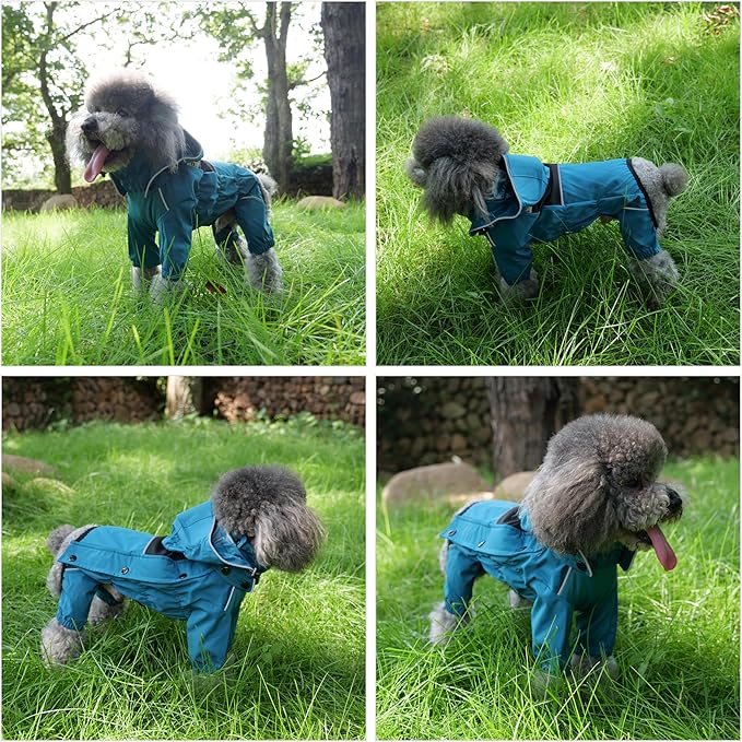 LOVELONGLONG Waterproof Dog Raincoat with Removable Hood – Outdoor Full Body Dog Jacket, Windproof Snowproof Shell Suit – All Season Pet Rain Gear Ocean Teal M