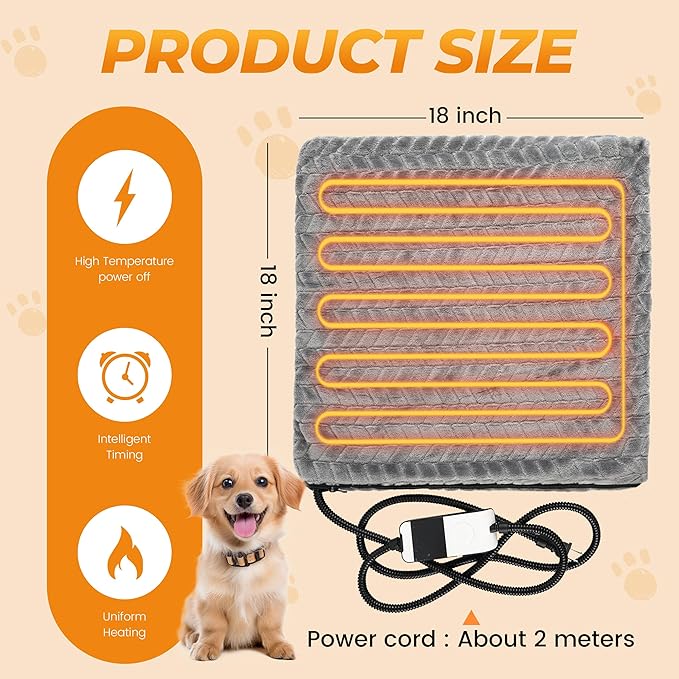 PatiencET Heated Cat Pad 18"x18" – Cat Heating Pad with 6-Temp & 5-Timer, Chew-Proof Steel Cord, Washable Warming Mat for Kittens, Small Dogs, Crate & Sofa