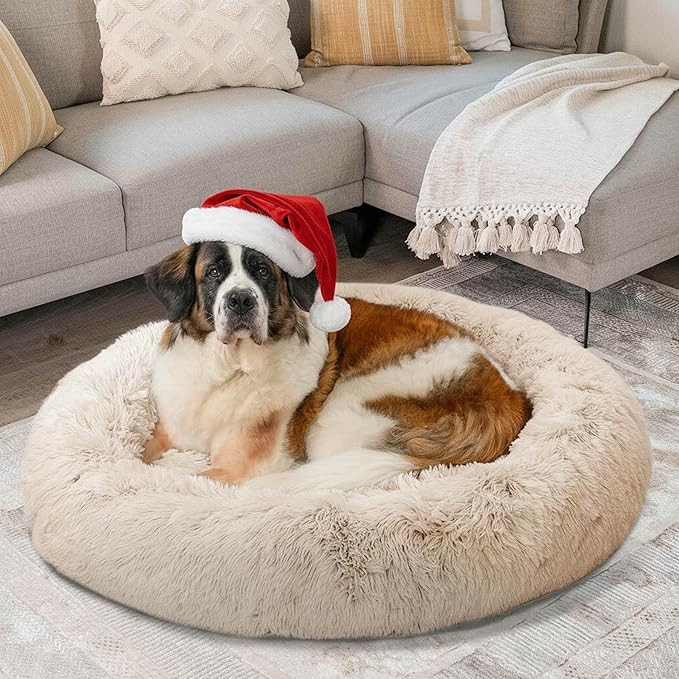 Best Friends by Sheri The Original Calming Donut Dog Bed – Washable Plush Pet Bed for XL Breeds up to 150 lbs, Shag Faux Fur, Taupe, XL (45" x 45")