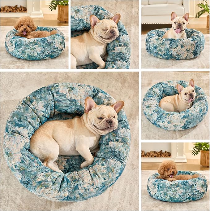 Dog Calming Beds for Small Medium Large Dogs - Round Donut Washable Puppy Dog Bed, Anti-Slip Faux Fur Fluffy Donut Cuddle Anxiety Cat Pet Bed (28" Flower)