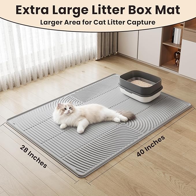 Cat Litter Mat, 40" x 28" Extra Large Silicone Litter Box Mat for Floor, Pet Trapping Litter Rug Pad, Soft Cat Paws, Easy to Clean, Waterproof/Urine-Proof, Garbage Recyclable (Gray)