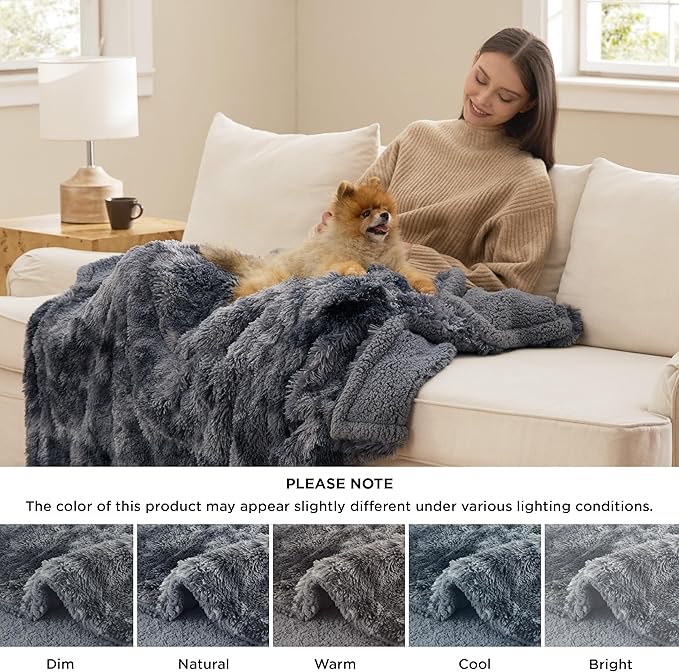 Bedsure Waterproof Dog Blankets for Large Dogs - Cat Blanket for Couch Protector Washable Long Faux Fur,Calming Soft Reversible Throw Furniture Protection for Puppy Pet, 40"x50", Tie-dye Grey