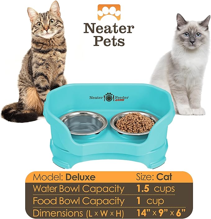 Neater Feeder Deluxe Mess Proof Cat Bowls Elevated for All Breeds – Made in USA – No Spill Raised Bowls for Indoor Cats – Stainless Steel Food and Water Bowl Set, Pet Dish Feeding Station, Aquamarine