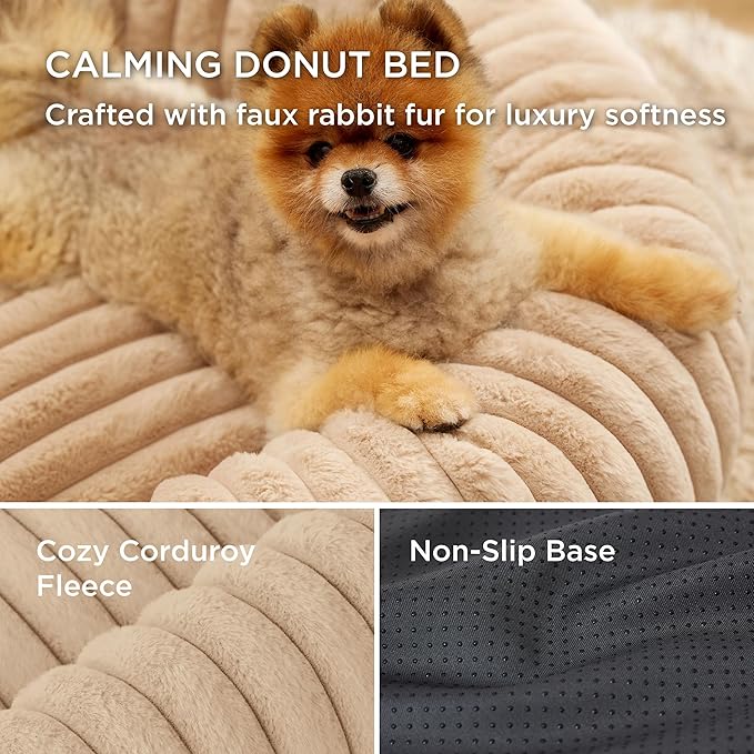 Bedsure Medium Dog Bed - Washable Faux Fur with Corduroy Fleece & Anti Slip Bottom, Round Pet Bed with Removable Cover, Sandy Beige, 30x30x8 inches
