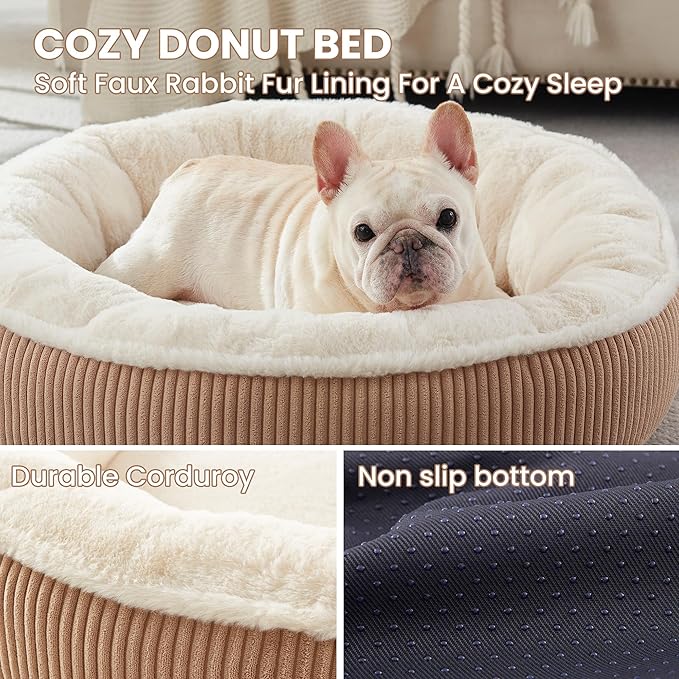 30 inches Donut Dog Bed for Medium Dogs,Calming Round Pet Bed with Removable & Washable Cover,Plush Faux Fur & Corduroy, Fits up to 30 lbs Pets(Brown,Medium)