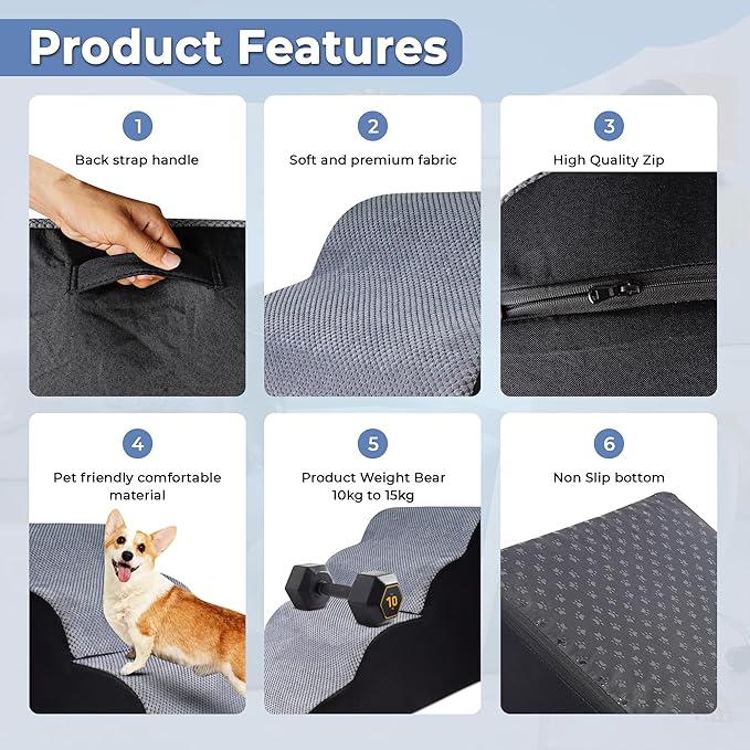 4 Steps Pet Stairs for Small Dogs, 19” High Curved Dog Stairs for Bed with Non-Slip Base, High-Density Foam, and Removable Washable Cover