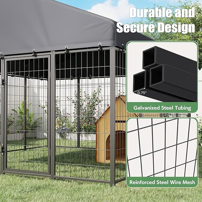 Heavy Duty Outdoor Dog Kennel for Yard, 8x8 Medium Steel Chain Link Fence with Roof, Dog Run Enclosure with Feeding Bowl & Self-Locking Latch