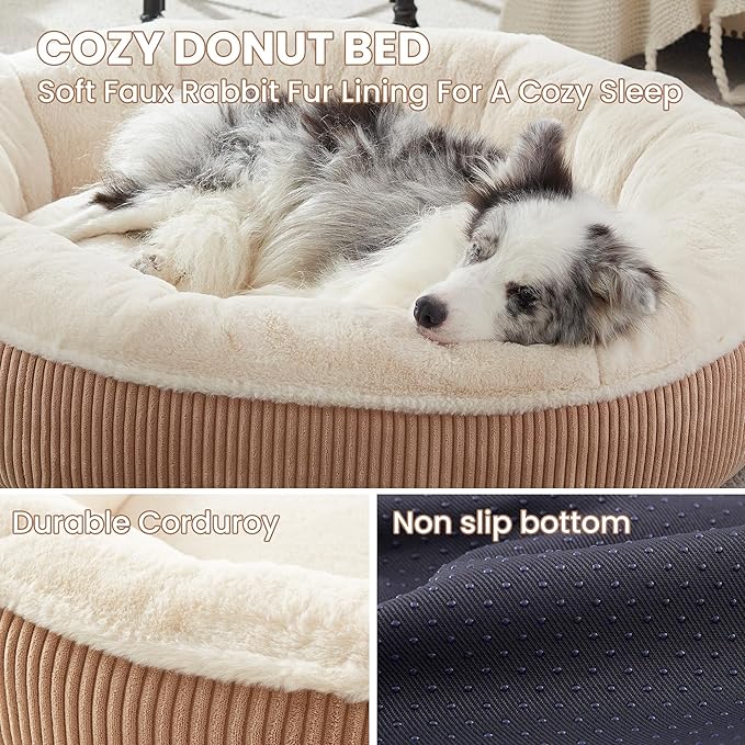 45 inches Donut Dog Bed for Extra Large Dogs,Calming Round Pet Bed with Removable & Washable Cover, Plush Faux Fur & Corduroy, Fits up to 100 lbs Pets(Brown,XL)