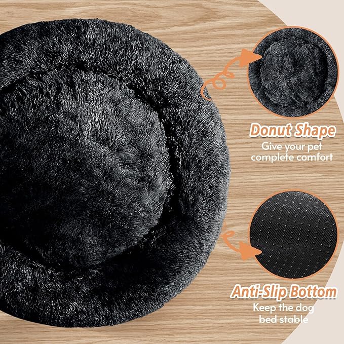 JOLLYVOGUE Calming Dog Bed for Small Dogs - 23 inches Donut Washable Small Dog Bed for Kittens & Puppies, Anti-Slip Round Fluffy Plush Faux Fur Cat Beds (Fits up to 25 lbs Pets, Black)