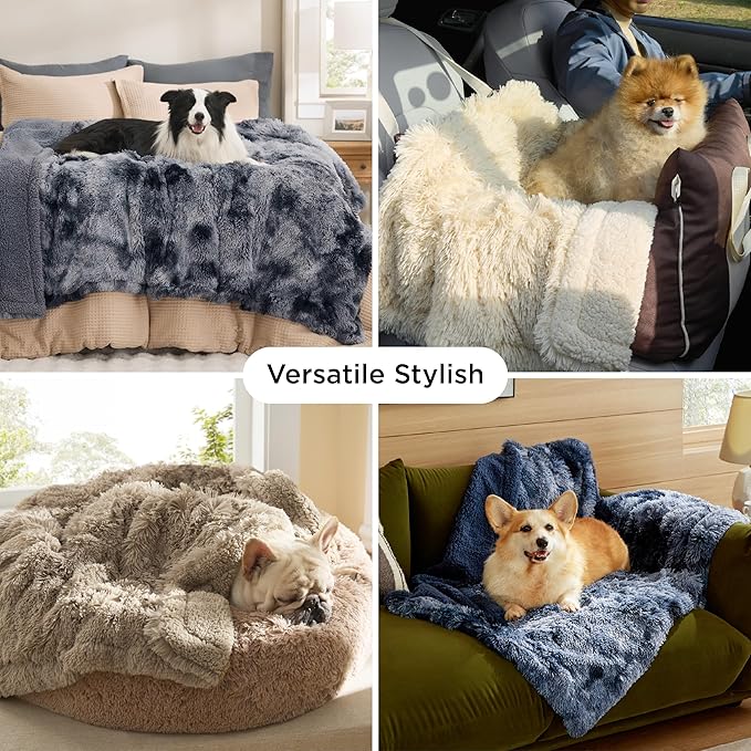 Bedsure Waterproof Dog Blankets for Large Dogs - Cat Blanket for Couch Protector Washable Long Faux Fur,Calming Soft Reversible Throw Furniture Protection for Puppy Pet, 50"x60", Tie-dye Grey