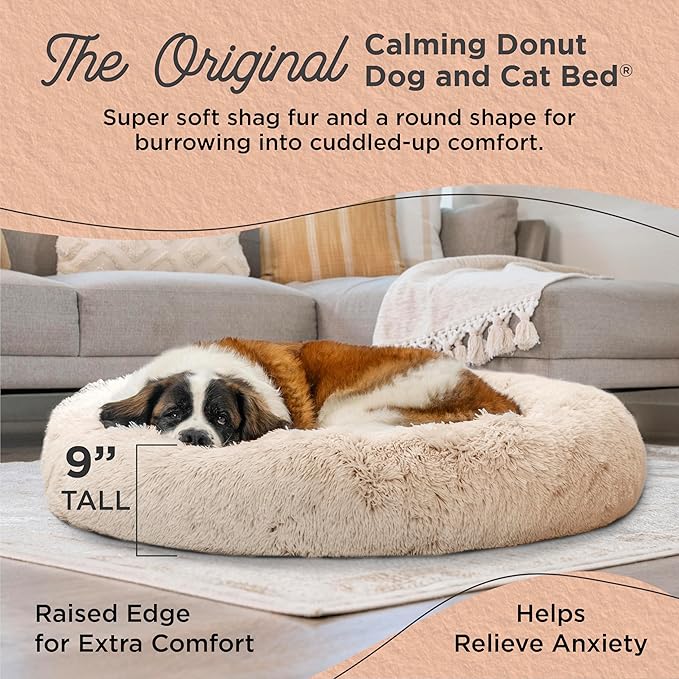 Best Friends by Sheri The Original Calming Donut Dog Bed – Washable Plush Pet Bed for XL Breeds up to 150 lbs, Shag Faux Fur, Taupe, XL (45" x 45")
