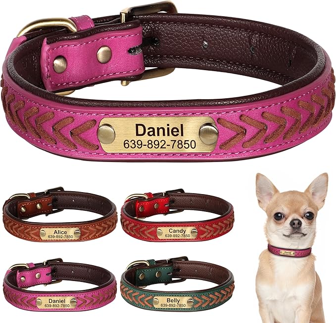 Personalized Dog Collars Custom Premium PU Leather Dog Collar with Name and Phone Number Engraved Name Plate for Small Dogs Customized Customizable Adjustable Dog Collar, Hot Pink,S(10-12")