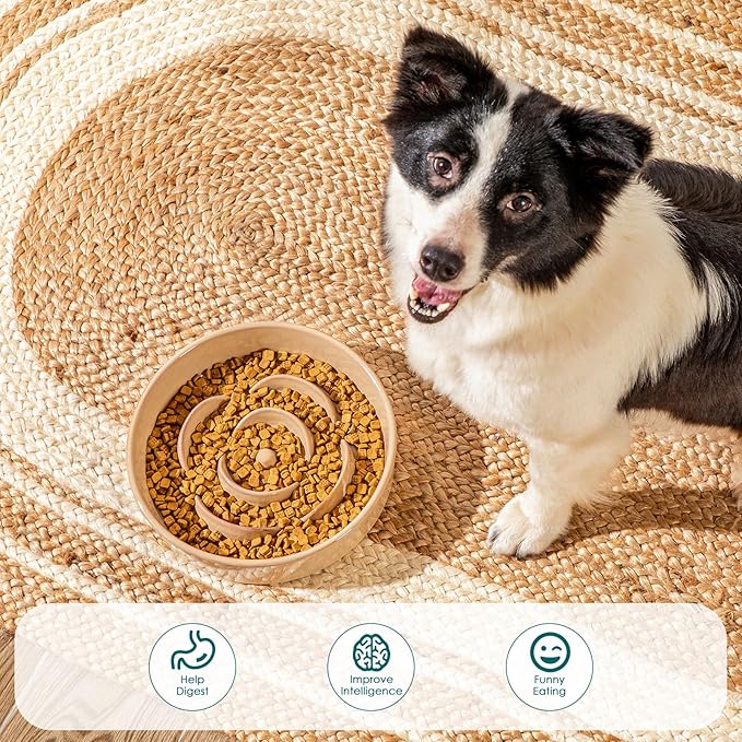 vancasso Slow Feeder Dog Bowl, 3 Cups Ceramic Slow Feeder for Large Breed, Puzzle Maze Dog Food Bowl for Fast Eater, Khaki