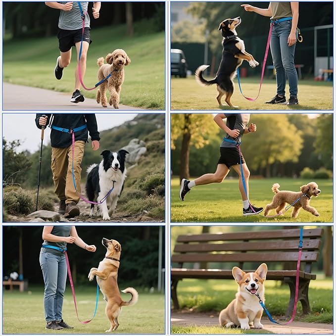 Hands Free Dog Leash, Multifunctional Crossbody Running for Dogs, Ultra-Light Dog Training Leash with Secure Clip, Short & Long Leashes, Adjustable Service Dog Leashes (Aqua Pink)