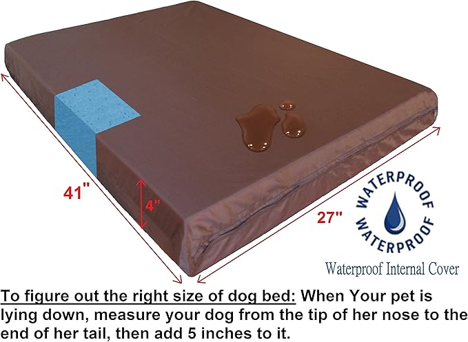 Dogbed4less Orthopedic Dog Bed with Gel Memory Foam for Medium Large Pet, Waterproof Liner, Durable Microsuede Brown Cover, 41X27X4 Inch (Fit 42X28 Crate)