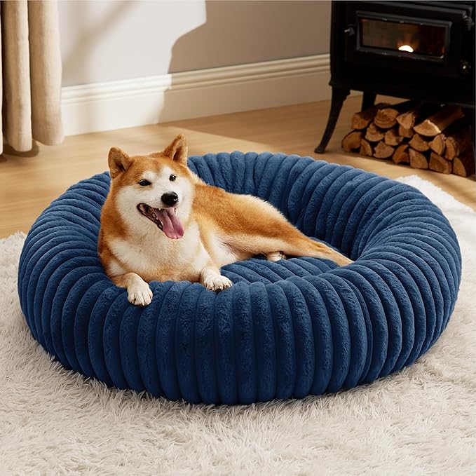 Bedsure Donut Large Dog Bed - Washable Faux Fur, Corduroy Fleece & Anti Slip Bottom, Round Pet Beds with Removable Cover, Night Blue, 36x36x8 inches
