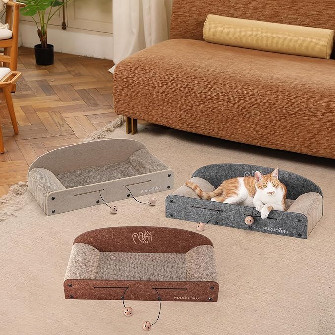 FUKUMARU 26 Inch Cat Scratcher Cardboard Lounge Bed, 2 Reversible Cat Scratch Pads Refill for Indoor Cats, Durable Cats Scratching Boards Extra Large Lounger Bed Sofa Couch with Ball Toy, Grey