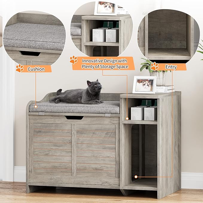 Cat Litter Box Enclosure Furniture with Top Opening and Cushion, Hidden Litter Box Cabinet with Storage, Privacy Cat Box Enclosure, Grey