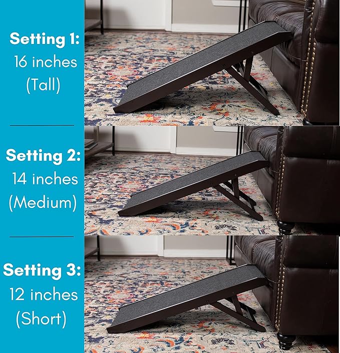 BIRDROCK HOME Adjustable Pet Ramp for Small Dogs, Cats, Puppies - Foldable Wooden Dog Ramp for Couch, Bed, Car - Indoor or Outdoor- Safe, Portable, Non-Slip Carpet - 16", Espresso